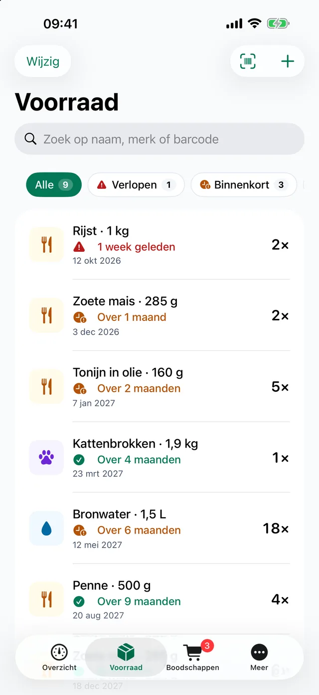 De voorraadlijst met rijst, zoete mais, tonijn en bronwater, elk met de THT-datum en hoeveel er nog in huis is.