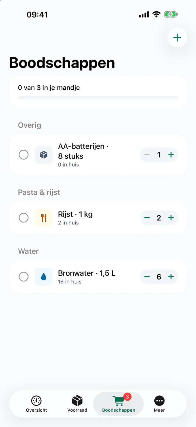 De boodschappenlijst, gegroepeerd per categorie, met het aantal dat al in huis is.