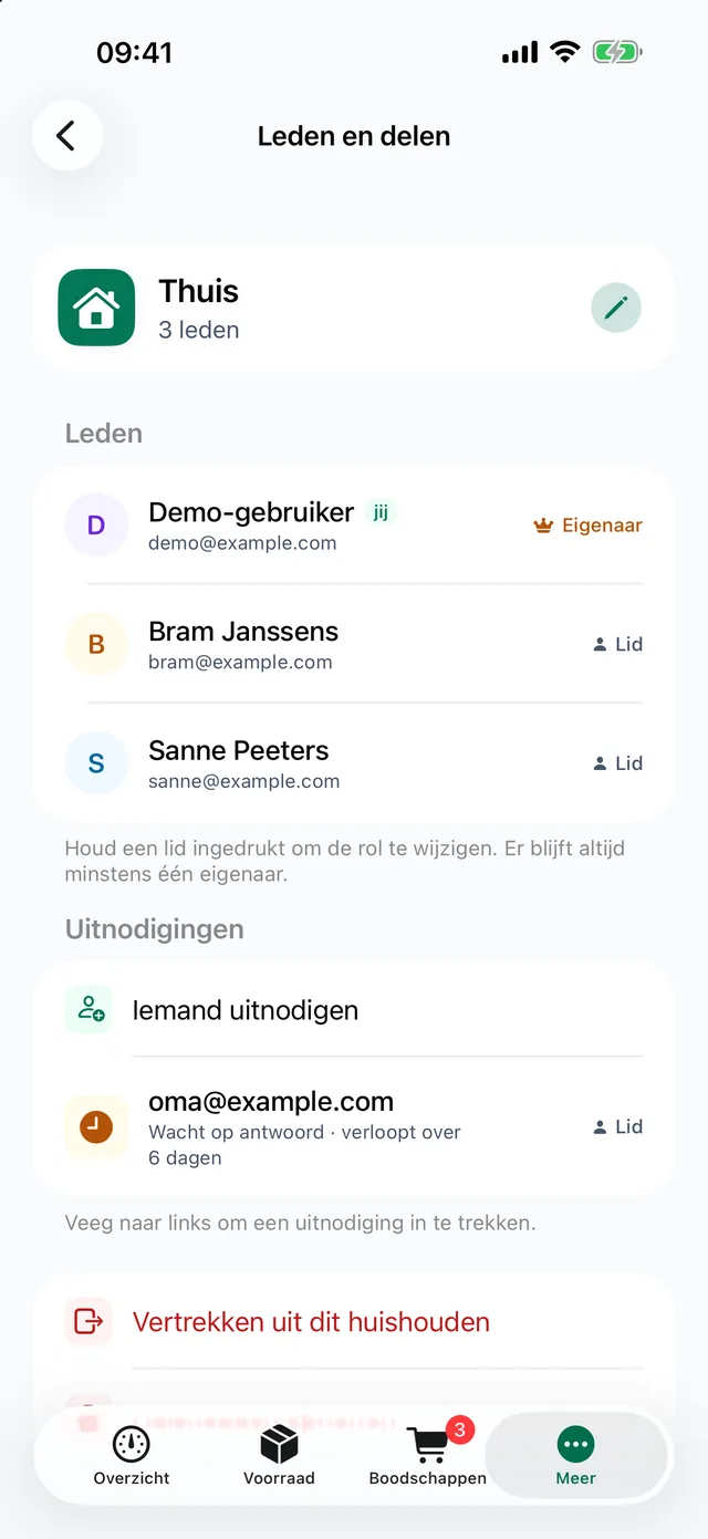 Leden en delen: drie leden van het huishouden Thuis met hun rol, en een uitnodiging die nog openstaat.